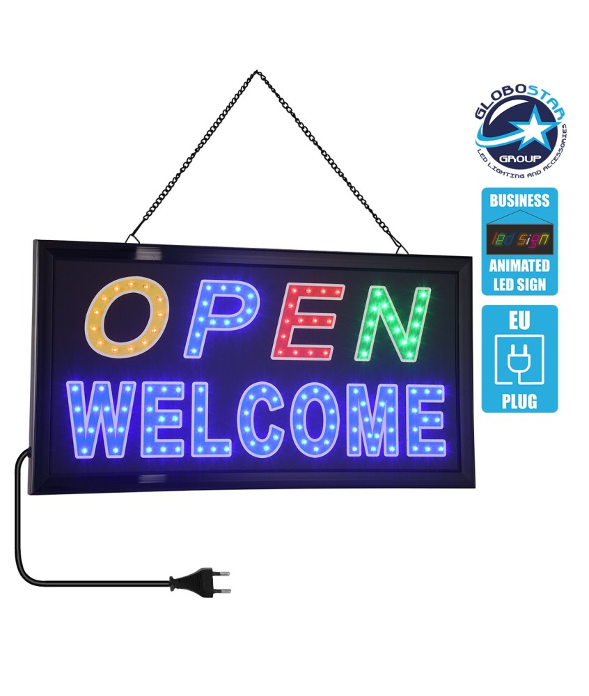 GLOBOSTAR® SIGN 75680 Διακοσμητικό Φωτιστικό Τοίχου Ένδειξης - Σήμανσης "OPEN WELCOME" LED 5W 150lm 120° AC 220-240V IP20 Πολύχρωμο - Μαύρο - Μ48 x Π25 x Υ2cm - 2 Χρόνια Εγγύηση